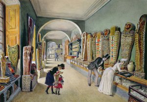 De gang en het laatste kabinet van de Egyptische collectie in de Ambraser collectie van de Lower Belvedere, 1875